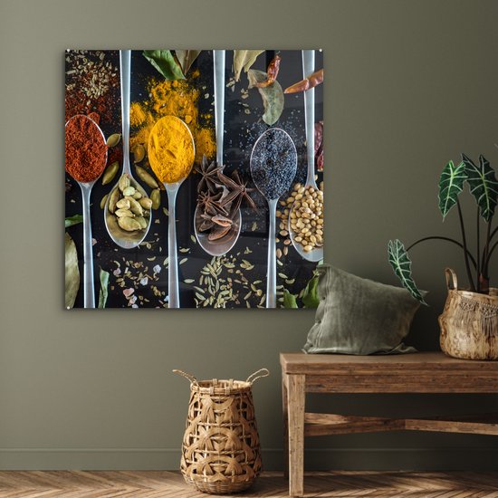 MuchoWow® Peinture sur Verre - Herbes - Cuillère - Épices - Zwart - Cuisine - 90x90 cm - Peintures sur Verre Acrylique - Photo sur Glas