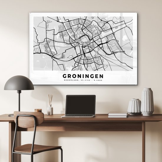 Peinture sur Verre - Carte - Groningen - Pays- Nederland - 90x60 cm - Peintures sur Verre Peintures - Photo sur Glas