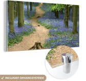 MuchoWow® Glasschilderij 120x60 cm - Schilderij acrylglas - Bos - Pad - Bloemen - Blauw - Foto op glas - Schilderijen