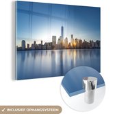 MuchoWow® Glasschilderij 180x120 cm - Schilderij acrylglas - New York - Skyline - Water - Foto op glas - Schilderijen