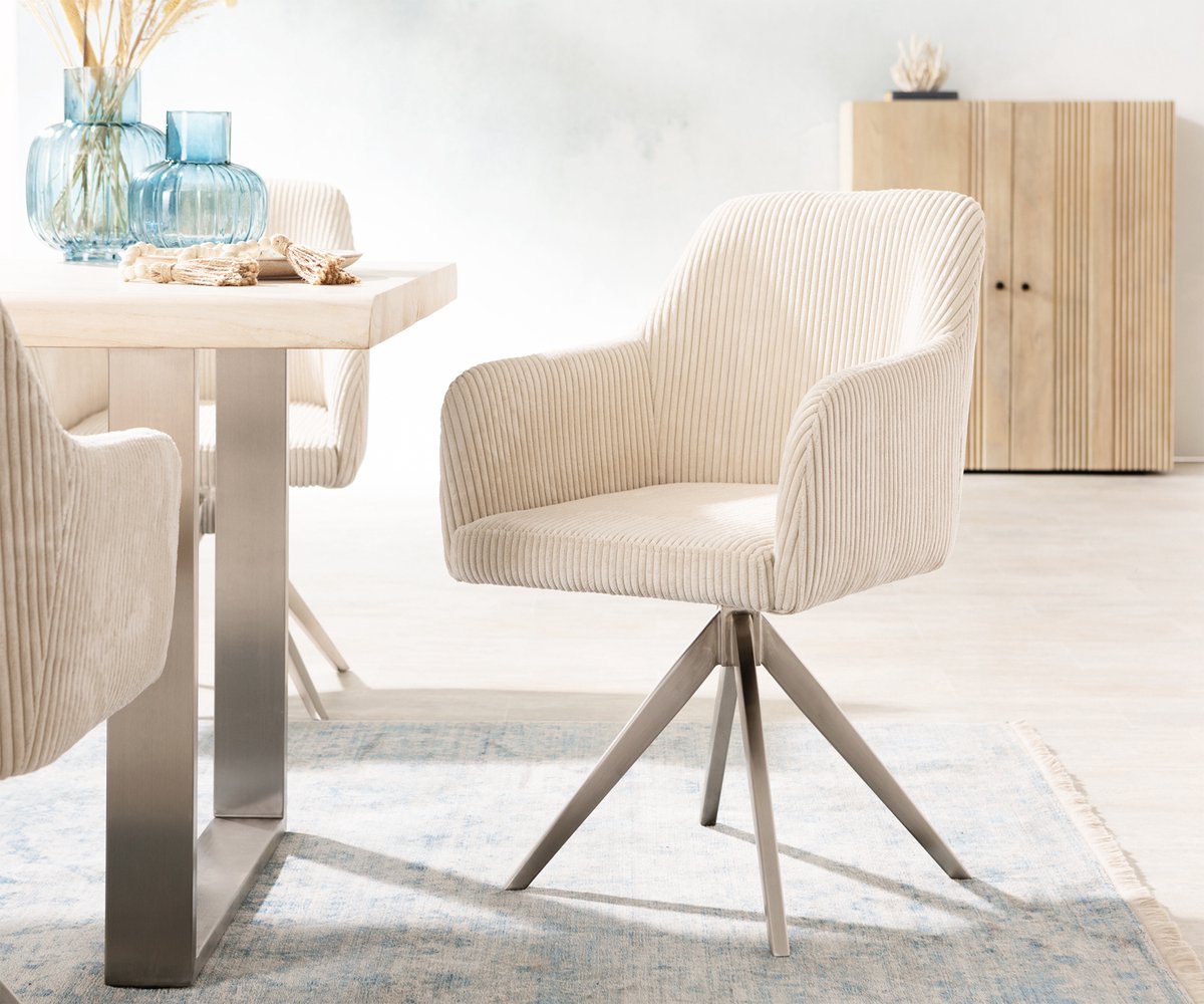 DELIFE Gestoffeerde-stoel Greg-Flex kruisframe hoekig roestvrij staal koord beige pocketveer kern