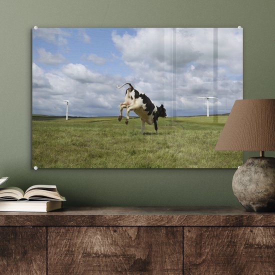 MuchoWow® Peinture sur verre - Vache - Moulin à vent - Nuages ​​- 60x40 cm - Peintures sur verre acrylique - Photo sur Glas