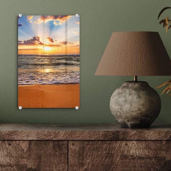 Peinture sur verre - Photo sur verre - Coucher de soleil - Plage - Mer - Nuages ​​- Peinture de plage - Plaque acrylique - Décoration murale - Peinture sur Glas - Verre acrylique - 20x30 cm - Peintures de salon