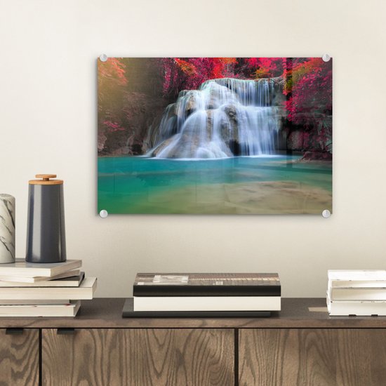 Peinture sur verre - Plaque acrylique - Cascade - Érable japonais - Rouge - Water - Photo sur verre - Verre acrylique - Peinture sur Verres - Décoration de chambre - 30x20 cm - Décoration murale