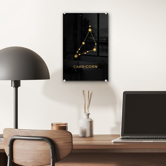 MuchoWow® Glasschilderij 20x30 cm - Schilderij acrylglas - Zodiac signs - Steenbok - Astrologie - Goud - Foto op glas - Schilderijen
