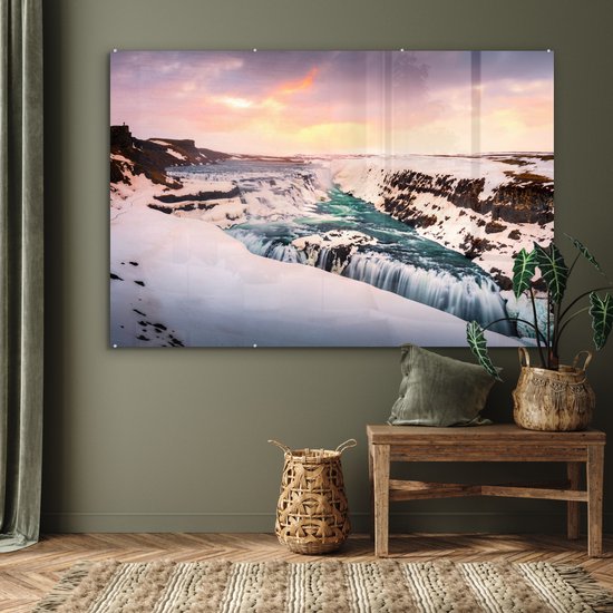 Formation de glace à la cascade de Gullfoss en Islande Plexiglas 180x120 cm - Tirage photo sur Glas (Décoration murale plexiglas) XXL / Groot format!