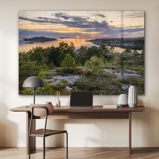 MuchoWow® Peinture sur verre 150x100 cm - Peinture sur verre acrylique - Coucher de soleil sur la côte suédoise - Photo sur verre - Peintures