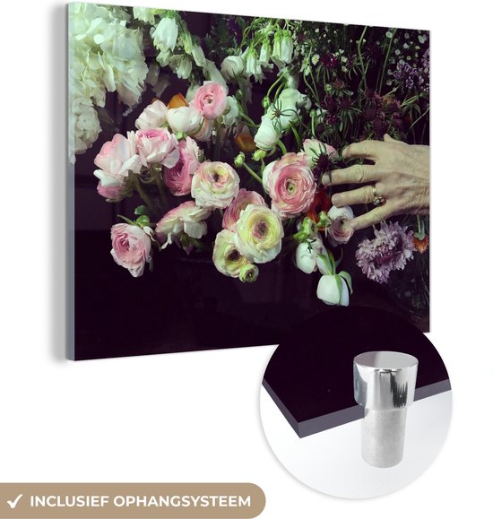 MuchoWow® Peinture sur verre 40x30 cm - Peinture sur verre acrylique - Les fleurs aux couleurs pastel sur fond noir - Photo sur verre - Peintures