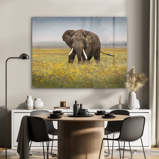 MuchoWow® Peinture sur verre 120x90 cm - Peinture sur verre acrylique - Éléphant - Fleurs - Herbe - Animaux - Nature - Photo sur verre - Peintures