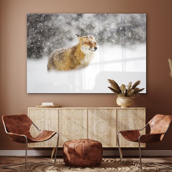 MuchoWow® Peinture sur verre 150x100 cm - Peinture sur verre acrylique - Renard - Neige - Storm - Photo sur verre - Peintures