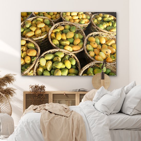 MuchoWow® Peinture sur verre 150x100 cm - Peinture sur verre acrylique - Mango - Jaune - Vert - Panier - Photo sur verre - Peintures