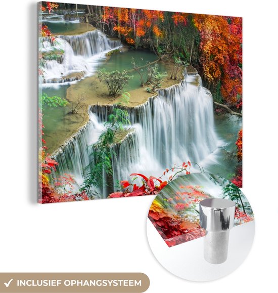 MuchoWow® Glasschilderij 40x30 cm - Schilderij acrylglas - Bomen - Waterval - Herfst - Natuur - Foto op glas - Schilderijen