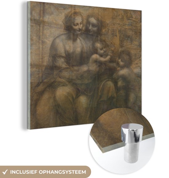 MuchoWow® Glasschilderij 20x20 cm - Schilderij acrylglas - Maria met kind en Sint-Anna - Leonardo da Vinci - Foto op glas - Schilderijen