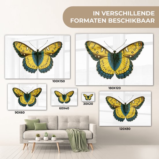 MuchoWow® Glasschilderij 180x120 cm - Schilderij acrylglas - Vintage - Vlinder - Geel - Foto op glas - Schilderijen