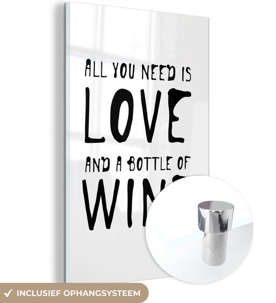 MuchoWow® Glasschilderij 120x180 cm - Schilderij acrylglas - Wijn quote "all you need is love and a bottle of wine" - Foto op glas - Schilderijen