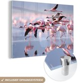 MuchoWow® Glasschilderij 90x60 cm - Schilderij acrylglas - Roze flamingo's op het water - Foto op glas - Schilderijen