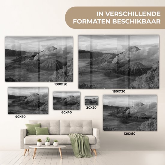 MuchoWow® Peinture sur verre 180x120 cm - Peinture sur verre acrylique - Indonésie - Volcan - Zwart - Wit - Photo sur verre - Peintures