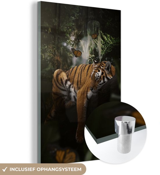 MuchoWow® Glasschilderij 40x60 cm - Schilderij acrylglas - Tijger - Jungle - Vlinder - Foto op glas - Schilderijen