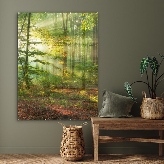 MuchoWow - Glasschilderij - Acrylglas - Zon - Bladeren - Boom - Foto op glas - Schilderij glas - 90x120 cm - Muurdecoratie glas - Glasschilderij binnen - Slaapkamer