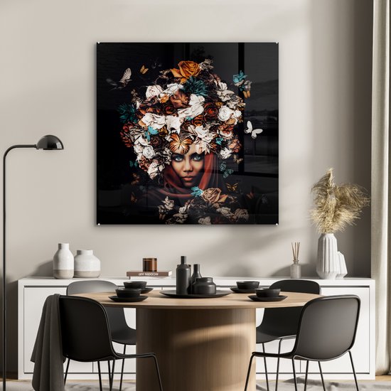 Peinture sur Verre - Fleurs - Papillon - Femmes - Foulard - 90x90 cm - Peintures sur Verre Peintures - Photo sur Glas
