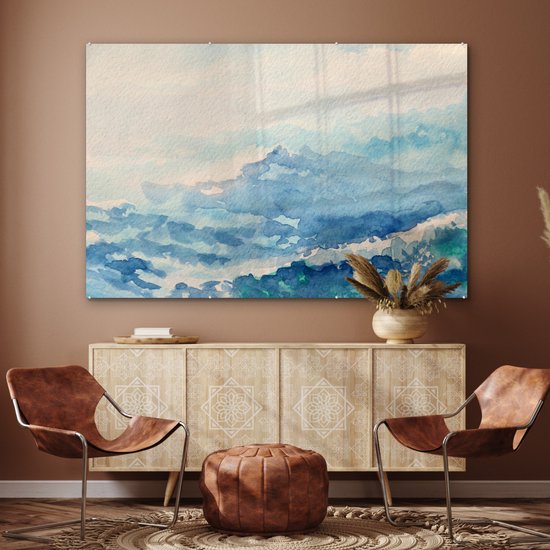 MuchoWow® Peinture sur verre 150x100 cm - Peinture acrylique sur verre - Illustration aquarelle abstraite de vagues - Photo sur verre - Peintures