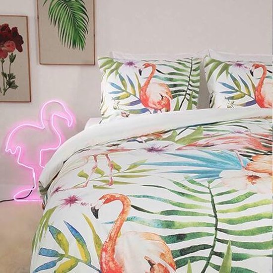 Dekbedovertrek Floral Flamingo - 2-persoons (200 x 200/220 cm) - Katoen -  Wit | ... | bol.com