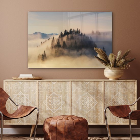 MuchoWow® Peinture sur verre 90x60 cm - Peinture sur verre acrylique - Lever de soleil brumeux dans les montagnes en été - Photo sur verre - Peintures