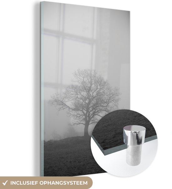 MuchoWow® Glasschilderij 120x180 cm - Schilderij acrylglas - Silhouet van een boom in de mist - zwart wit - Foto op glas - Schilderijen