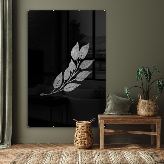 MuchoWow® Peinture sur Verre - Branche avec feuilles allongées sur fond noir - noir et blanc - 100x150 cm - Peintures sur Verre Acrylique - Photo sur Glas