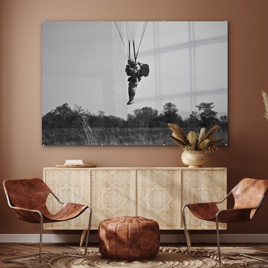 MuchoWow® Peinture sur verre 180x120 cm - Peinture sur verre acrylique - Amérique - Zwart - Wit - Parachute - Photo sur verre - Peintures
