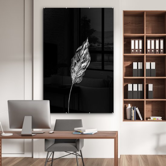 MuchoWow® Peinture sur Verre - Feuille fine sur fond noir - noir et blanc - 120x180 cm - Peintures sur Verre Acrylique - Photo sur Glas