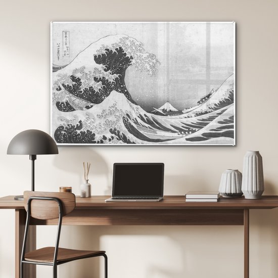 ® Glasschilderij 90x60 cm - Schilderij acrylglas - De grote golf bij Kanagawa - Schilderij van Katsushika Hokusai - Foto op glas - Muurdecoratie woonkamer - Wanddecoratie slaapkamer - Schilderijen