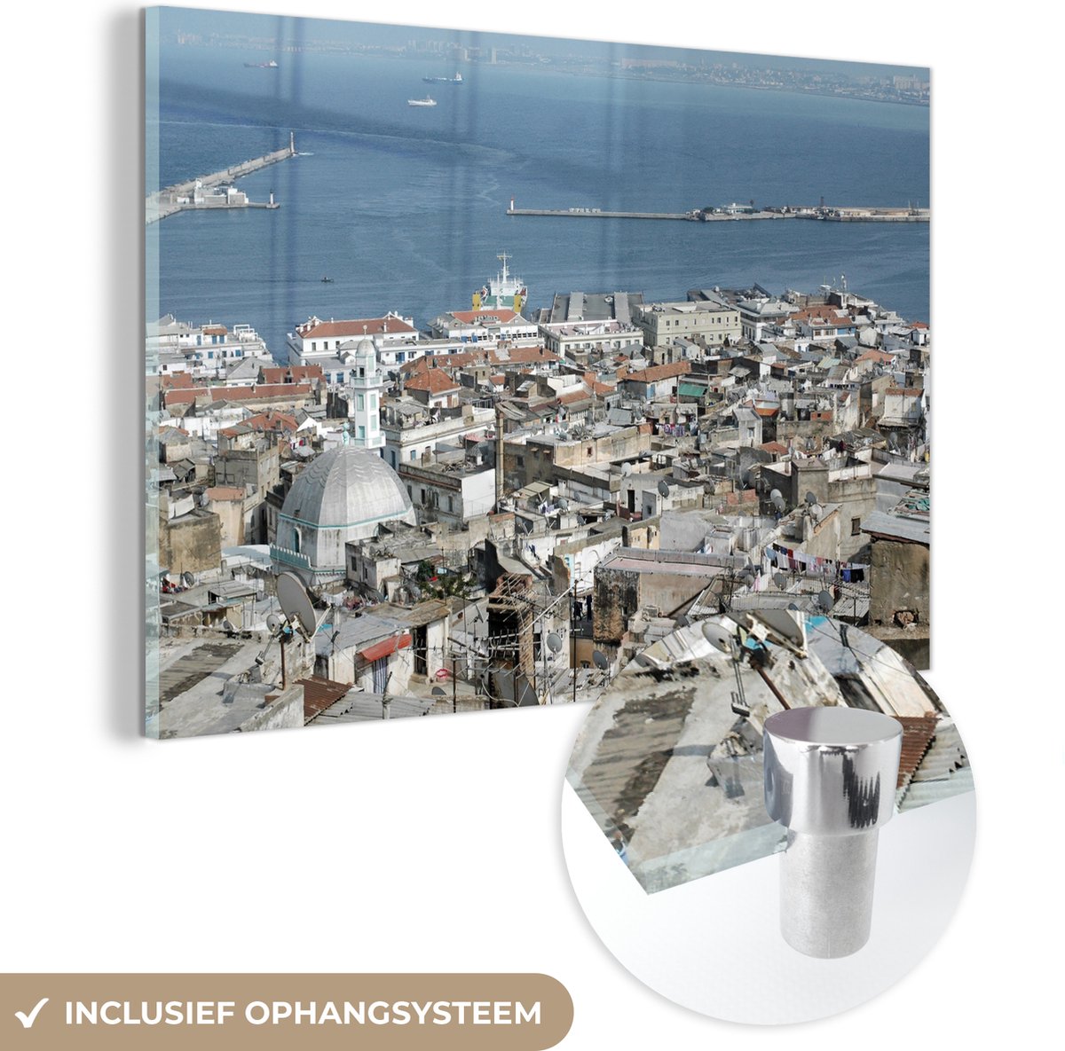 MuchoWow® Glasschilderij - Het Noord-Afrikaanse Algiers met de zee in de achtergrond - 120x80 cm - Acrylglas Schilderijen - Foto op Glas - MuchoWow