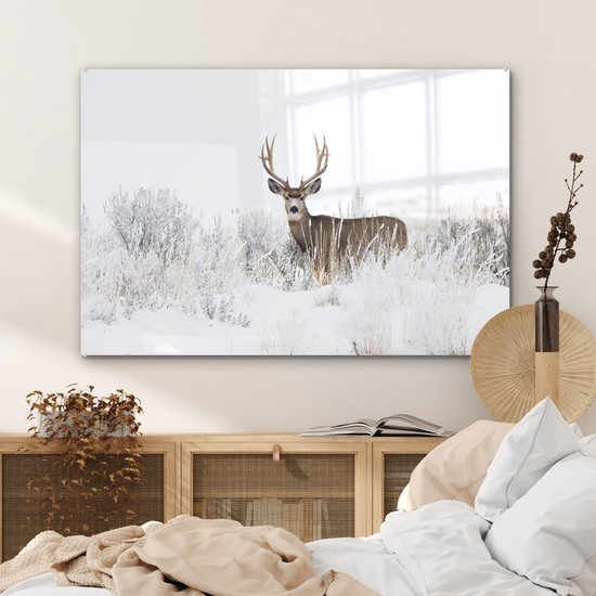 MuchoWow® Peinture sur Verre - Cerf - Hiver - Neige - Animaux - Saisons - Wit - 90x60 cm - Peintures sur Verre Peintures - Photo sur Glas