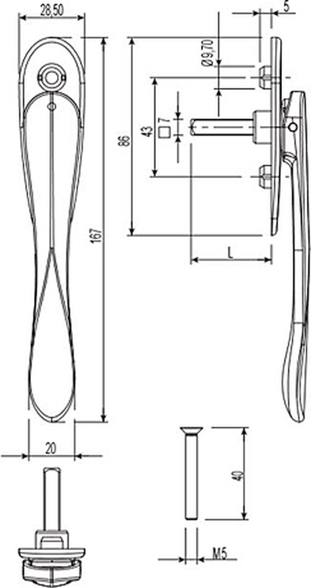 Raamkruk Compa, extreem platte uitvoering van 15mm, met stift 7x70mm, zwart
