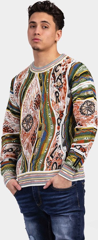 Pull Vintage Carlo Colucci - Motif Damier Orange Et Blanc - Taille 50 - Occasion Très Bon état