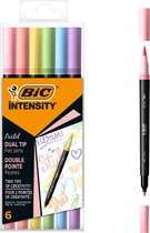 BIC Intensity Dual Tip Marker Pastel - Marqueur de couleur avec 2 pointes différentes - Point feutre avec pointe pinceau et pointe fine - 6 pièces - Couleur pastel
