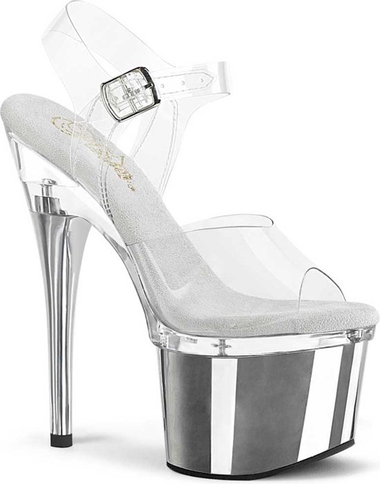 Pleaser - ESTEEM-708 Sandaal met enkelband, Paaldans schoenen - US 5 - 35 Shoes - Zilverkleurig/Transparant