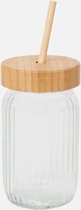 Drinkbeker met bamboe rietje en deksel - Verantwoord hout - 400 ML - Transparante drinkbeker - Retro Jar - Bamboe Rietje