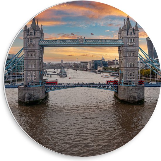 PVC Schuimplaat Muurcirkel - Vooraanzicht van de Tower Bridge in Londen tijdens Zonsondergang - 30x30 cm Foto op Muurcirkel (met ophangsysteem)