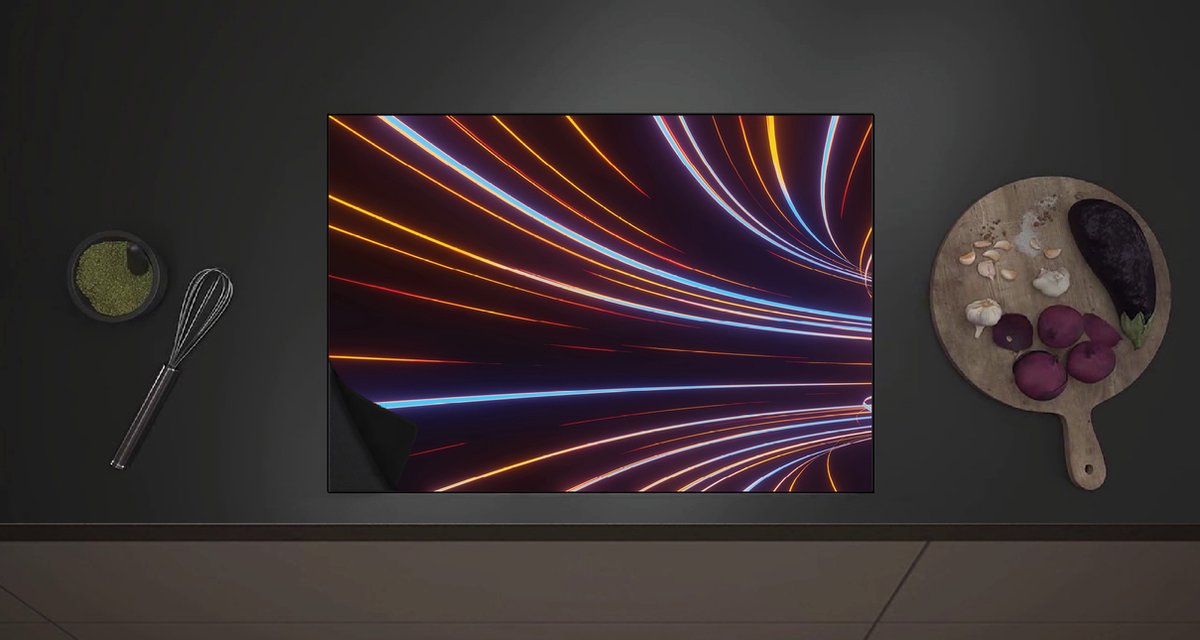 Inductie Beschermer - Golvende Blauwe en Oranje Neonstrapen in Zwarte Omgeving - 70x52 cm - 2 mm Dik - Inductieplaat Beschermer met zwarte kern