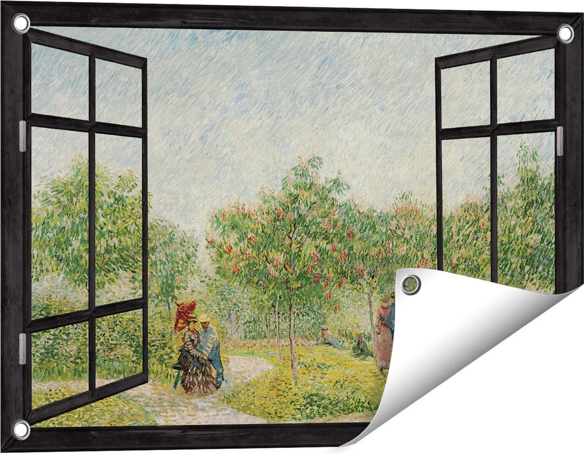 Gards Tuinposter Doorkijk Tuin met Geliefden - Vincent van Gogh - 60x40 cm - Tuindoek - Tuindecoratie - Wanddecoratie buiten - Tuinschilderij Zwart