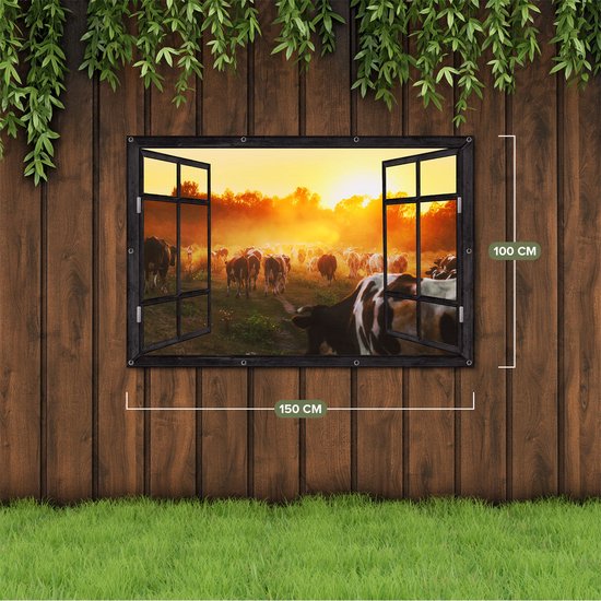 Gards Affiche de jardin Troupeau de vaches en pâturage au coucher du soleil - 150x100 cm - Toile jardin - Décoration de jardin - Décoration murale extérieur - Tableau jardin
