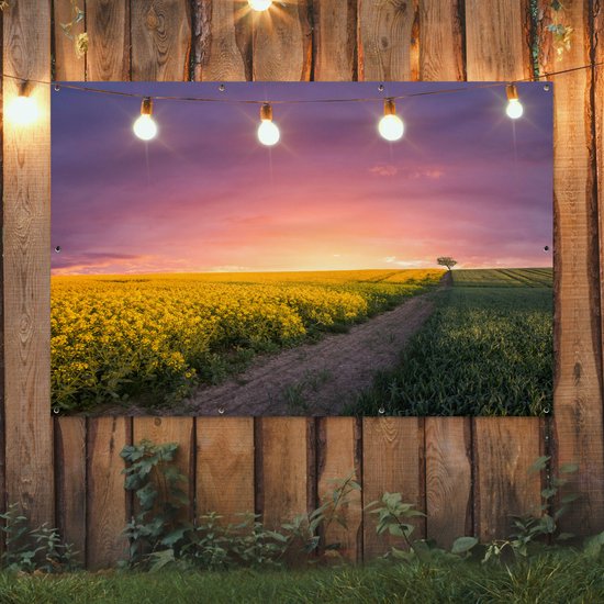 Tuinposter 180x120 cm - Tuindecoratie Bloemen - Weg - Lucht - Geel - Paars - Zonsondergang - Natuur - Poster voor in de tuin - Buiten decoratie - Schutting tuinschilderij - Tuindoek muurdecoratie - Wanddecoratie balkondoek