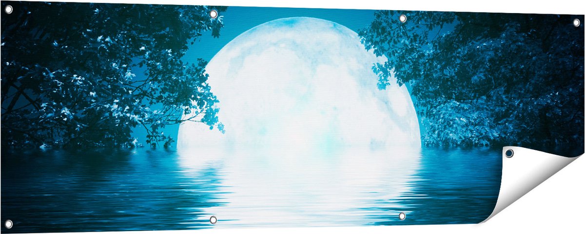 Gards Tuinposter Volle Maan in het Water - 150x50 cm - Tuindoek - Tuindecoratie - Wanddecoratie buiten - Tuinschilderij Multikleur