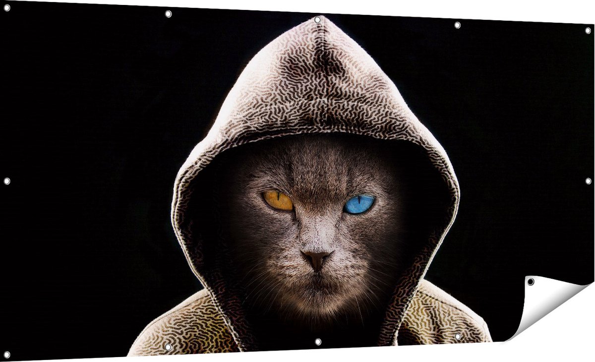 Gards Tuinposter Boze Kat Draagt een Hoodie - 180x90 cm - Tuindoek - Tuindecoratie - Wanddecoratie buiten - Tuinschilderij Multikleur