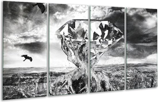 GroepArt - Glasschilderij - Steen - Grijs, Zwart, Wit - 160x80cm 4Luik - Foto Op Glas - Geen Acrylglas Schilderij - 6000+ Glasschilderijen Collectie - Wanddecoratie