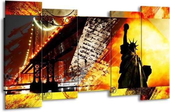 GroepArt - Canvas Schilderij - New York - Geel, Rood, Zwart - 150x80cm 5Luik- Groot Collectie Schilderijen Op Canvas En Wanddecoraties