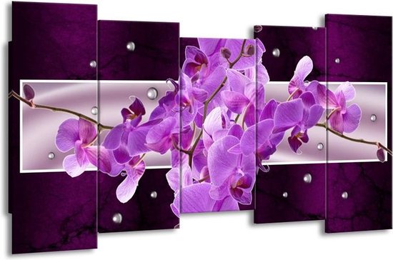 GroepArt - Canvas Schilderij - Orchidee - Paars - 150x80cm 5Luik- Groot Collectie Schilderijen Op Canvas En Wanddecoraties