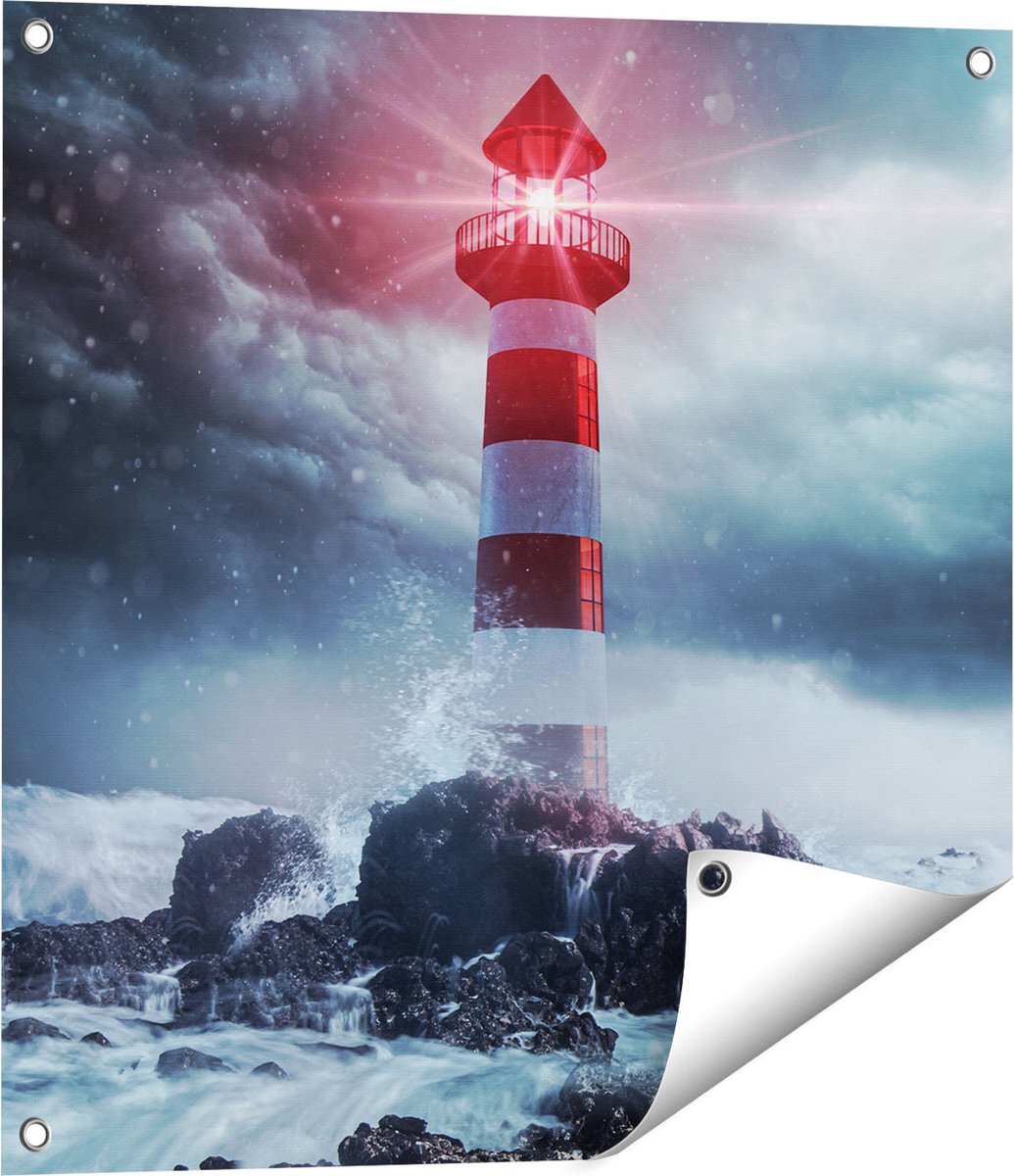 Gards Tuinposter Vuurtoren tijdens een Storm - 60x60 cm - Tuindoek - Tuindecoratie - Wanddecoratie buiten - Tuinschilderij Multikleur